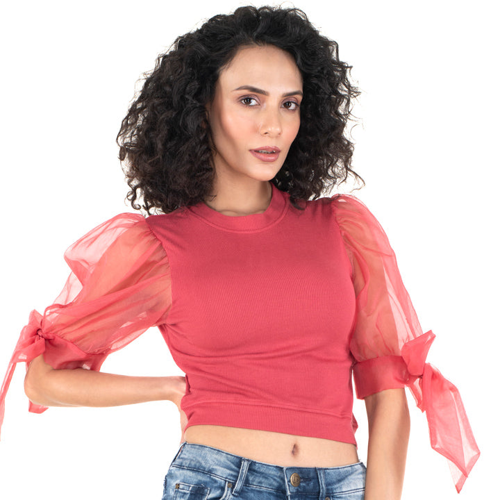 Hosiery Blouses- Bow Tie Up Sleeves - Vermilion Red - Blouse featured