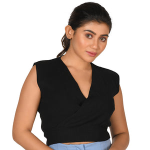 Knit Tops : Surplice Neck Top - Black - Blouse featured