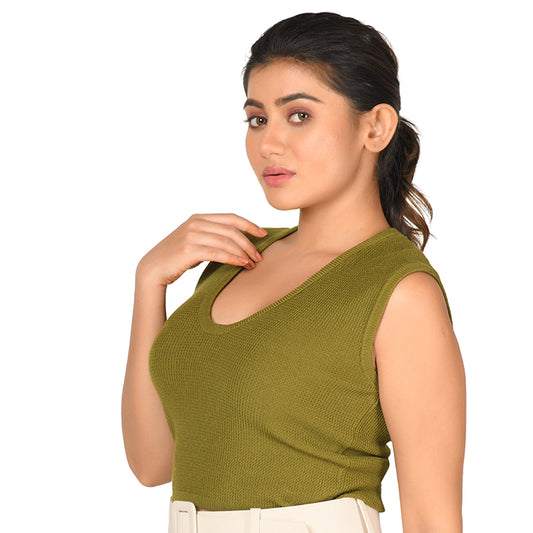 Textured Knit Sleeves Top - Olive Green - Blouse featured