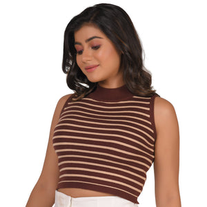 Stripes High Neck Top - Brown Stripes - Blouse featured