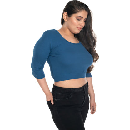 Hosiery Blouse- XXL Deep Round Neck (Elbow Sleeves) - Azure Blue - Blouse featured