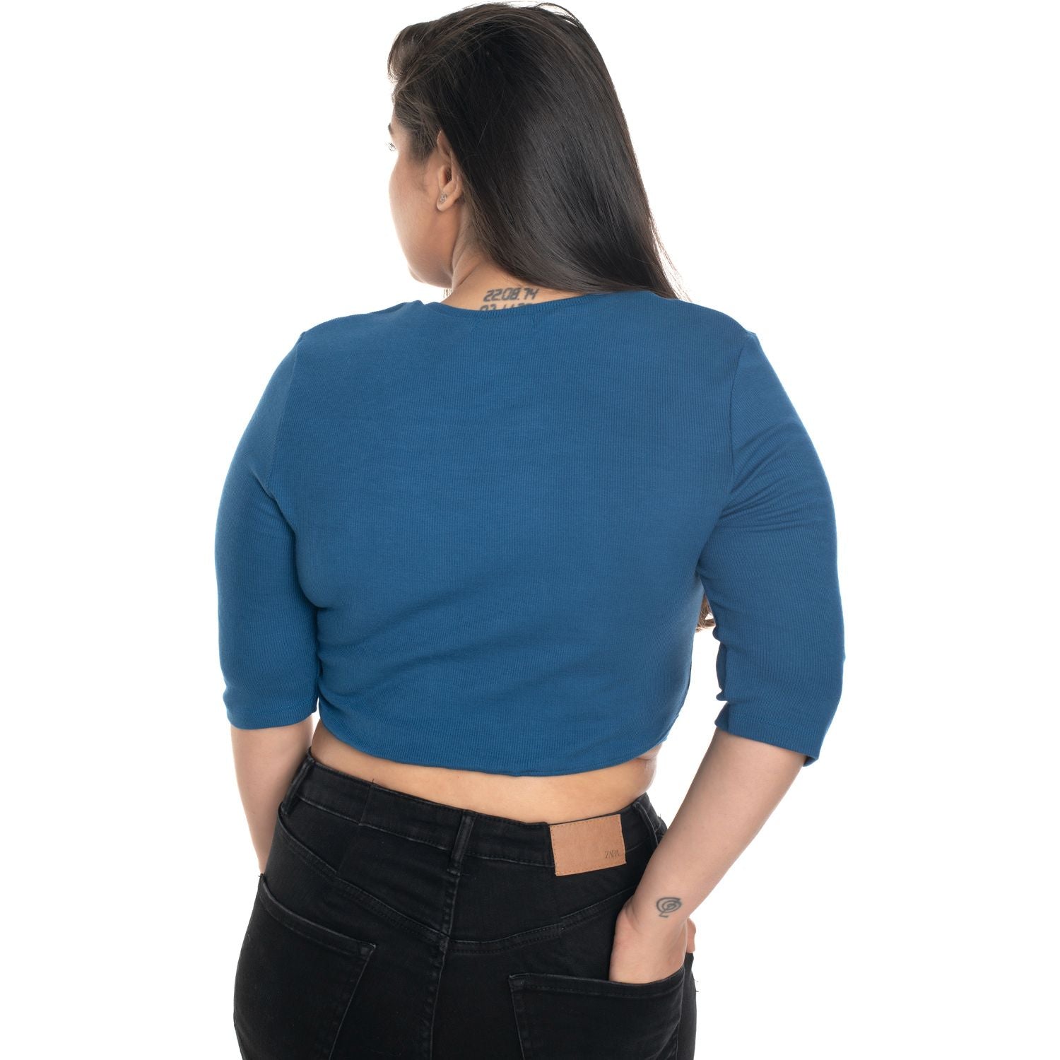 Hosiery Blouse- XXL Deep Round Neck (Elbow Sleeves) - Azure Blue - Blouse featured