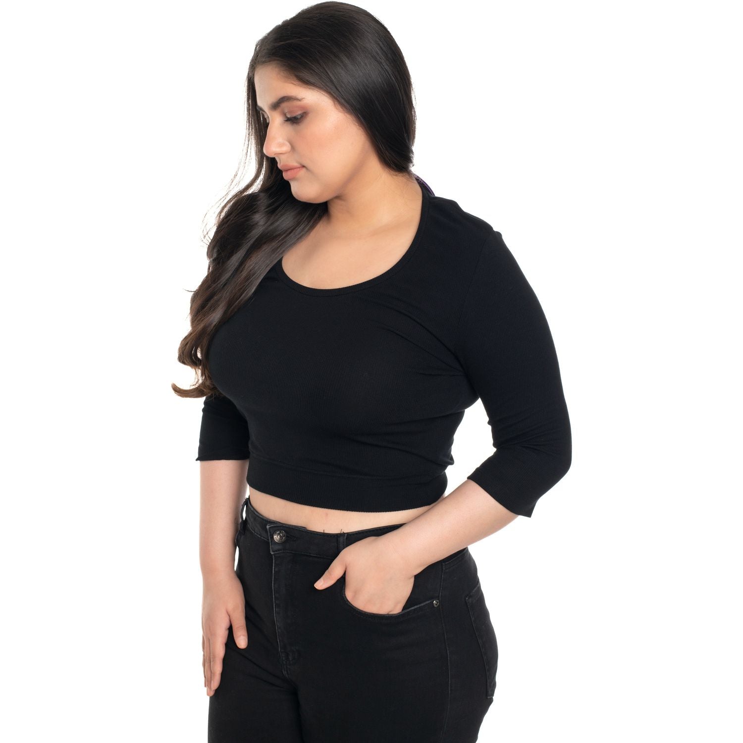 Hosiery Blouse- XXL Deep Round Neck (Elbow Sleeves) - Black - Blouse featured