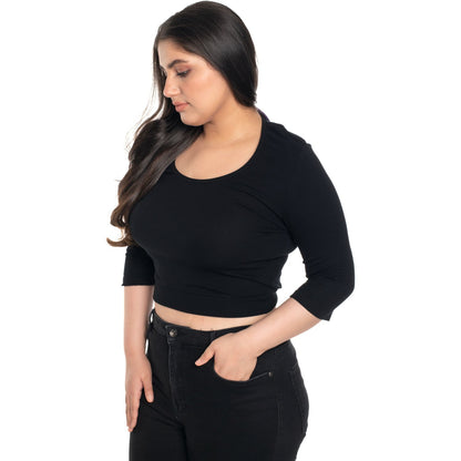 Hosiery Blouse- XXL Deep Round Neck (Elbow Sleeves) - Black - Blouse featured