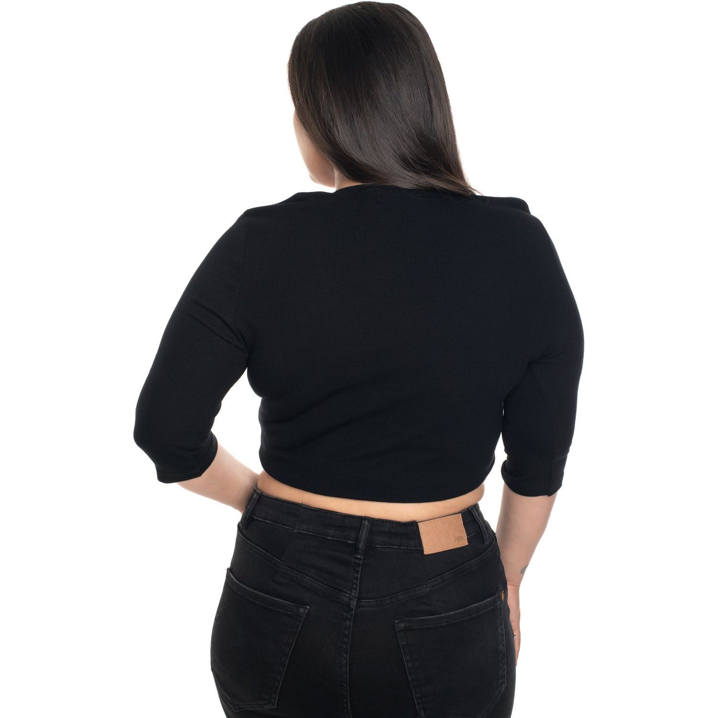 Hosiery Blouse- XXL Deep Round Neck (Elbow Sleeves) - Black - Blouse featured