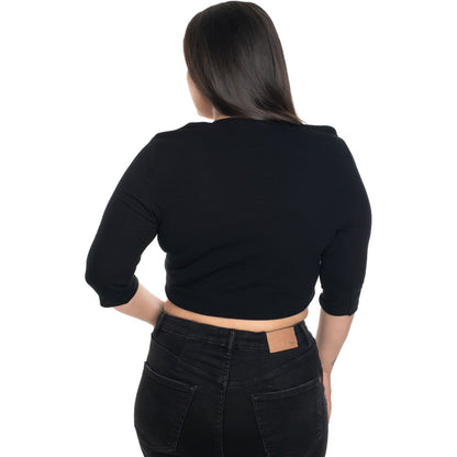 Hosiery Blouse- XXL Deep Round Neck (Elbow Sleeves) - Black - Blouse featured