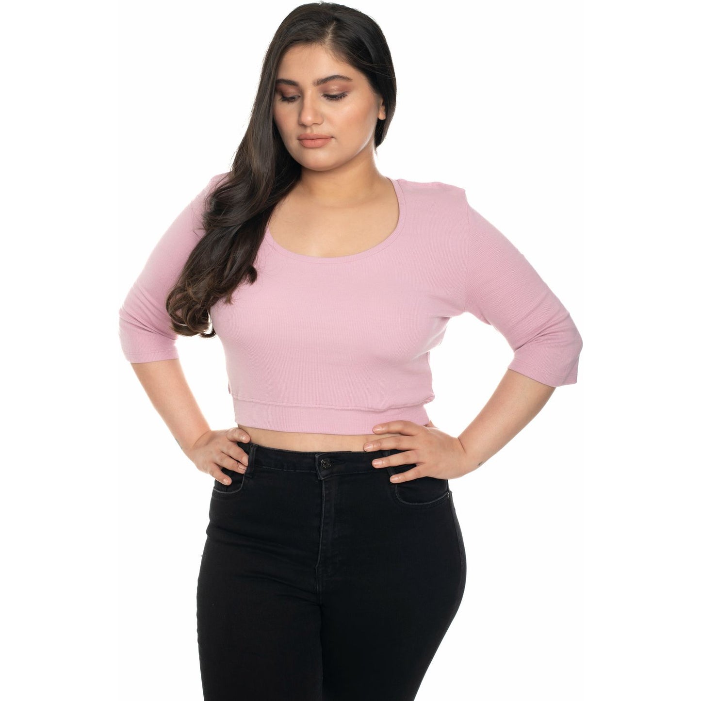 Hosiery Blouse- XXL Deep Round Neck (Elbow Sleeves) - Blush Pink - Blouse featured
