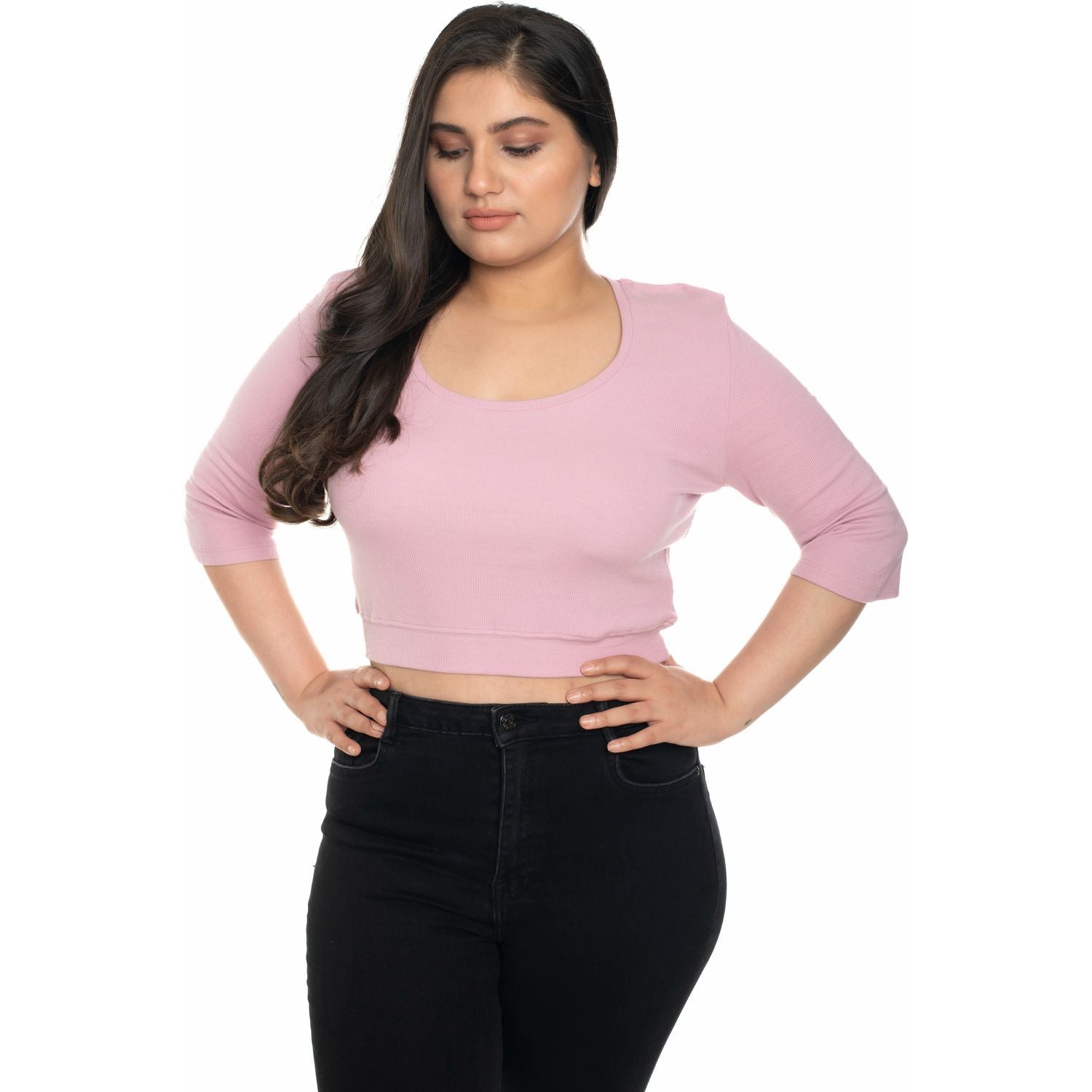 Hosiery Blouse- XXL Deep Round Neck (Elbow Sleeves) - Blush Pink - Blouse featured