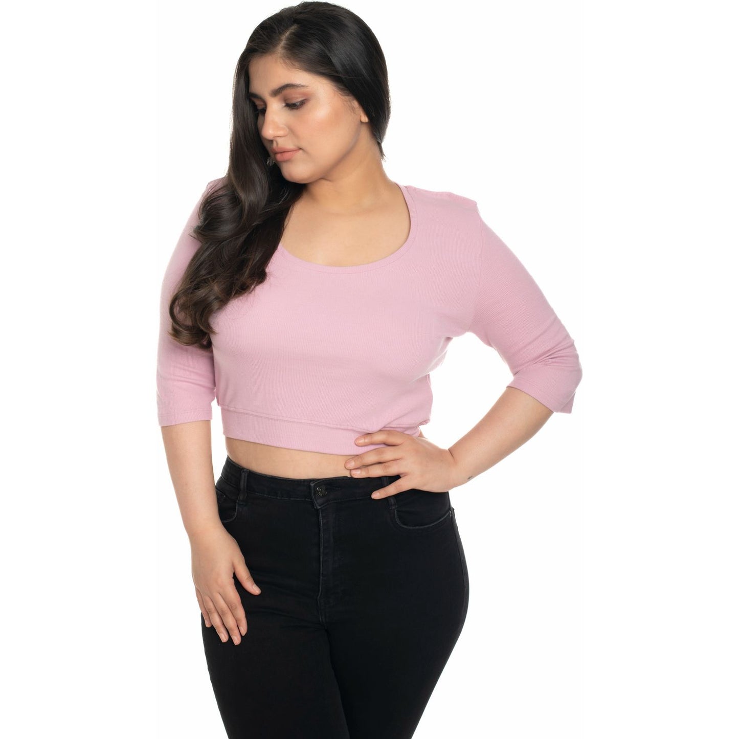 Hosiery Blouse- XXL Deep Round Neck (Elbow Sleeves) - Blush Pink - Blouse featured
