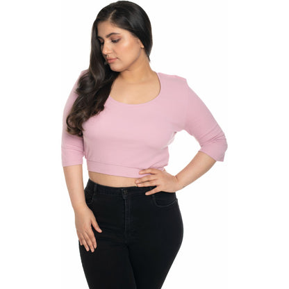 Hosiery Blouse- XXL Deep Round Neck (Elbow Sleeves) - Blush Pink - Blouse featured