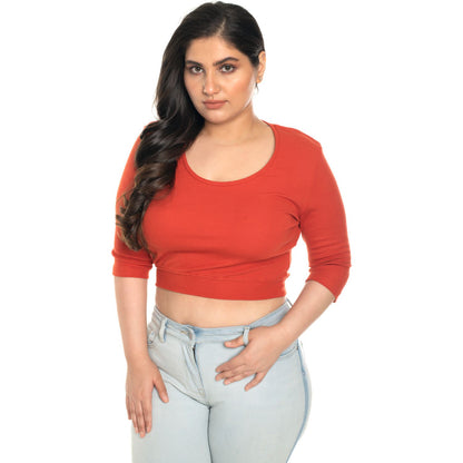 Hosiery Blouse- XXL Deep Round Neck (Elbow Sleeves) - Brick Red - Blouse featured