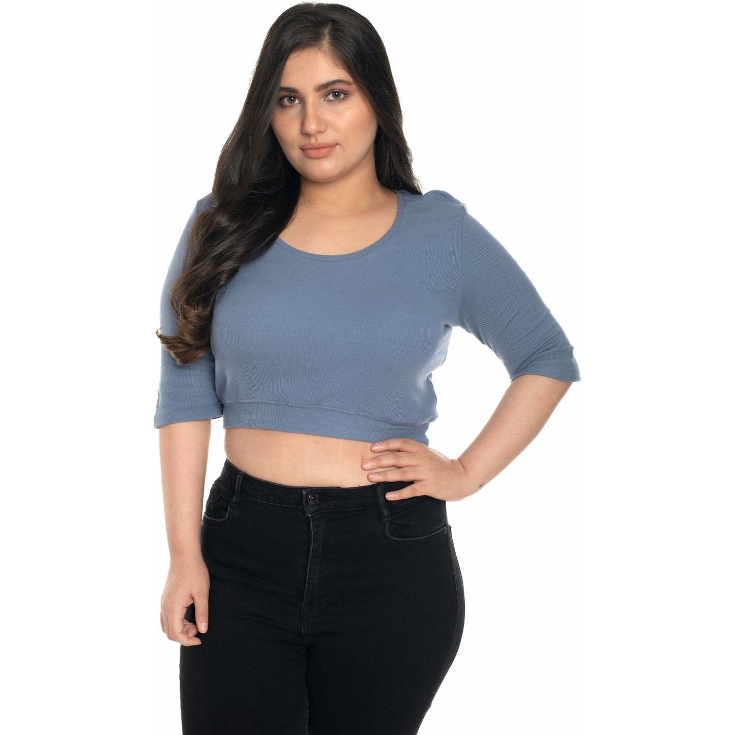 Hosiery Blouse- XXL Deep Round Neck (Elbow Sleeves) - Brilliant Blue - Blouse featured