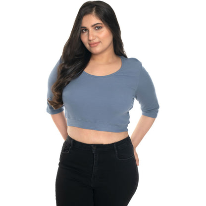 Hosiery Blouse- XXL Deep Round Neck (Elbow Sleeves) - Brilliant Blue - Blouse featured