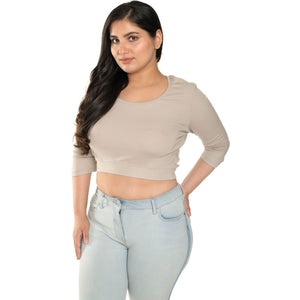 Hosiery Blouse- XXL Deep Round Neck (Elbow Sleeves) - Calm Ivory - Blouse featured