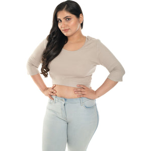 Hosiery Blouse- XXL Deep Round Neck (Elbow Sleeves) - Calm Ivory - Blouse featured