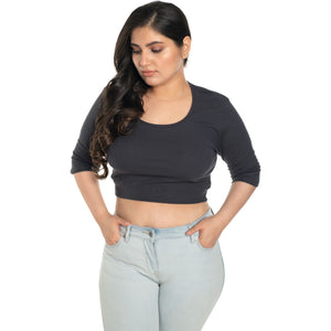 Hosiery Blouse- XXL Deep Round Neck (Elbow Sleeves) - Clay Grey - Blouse featured