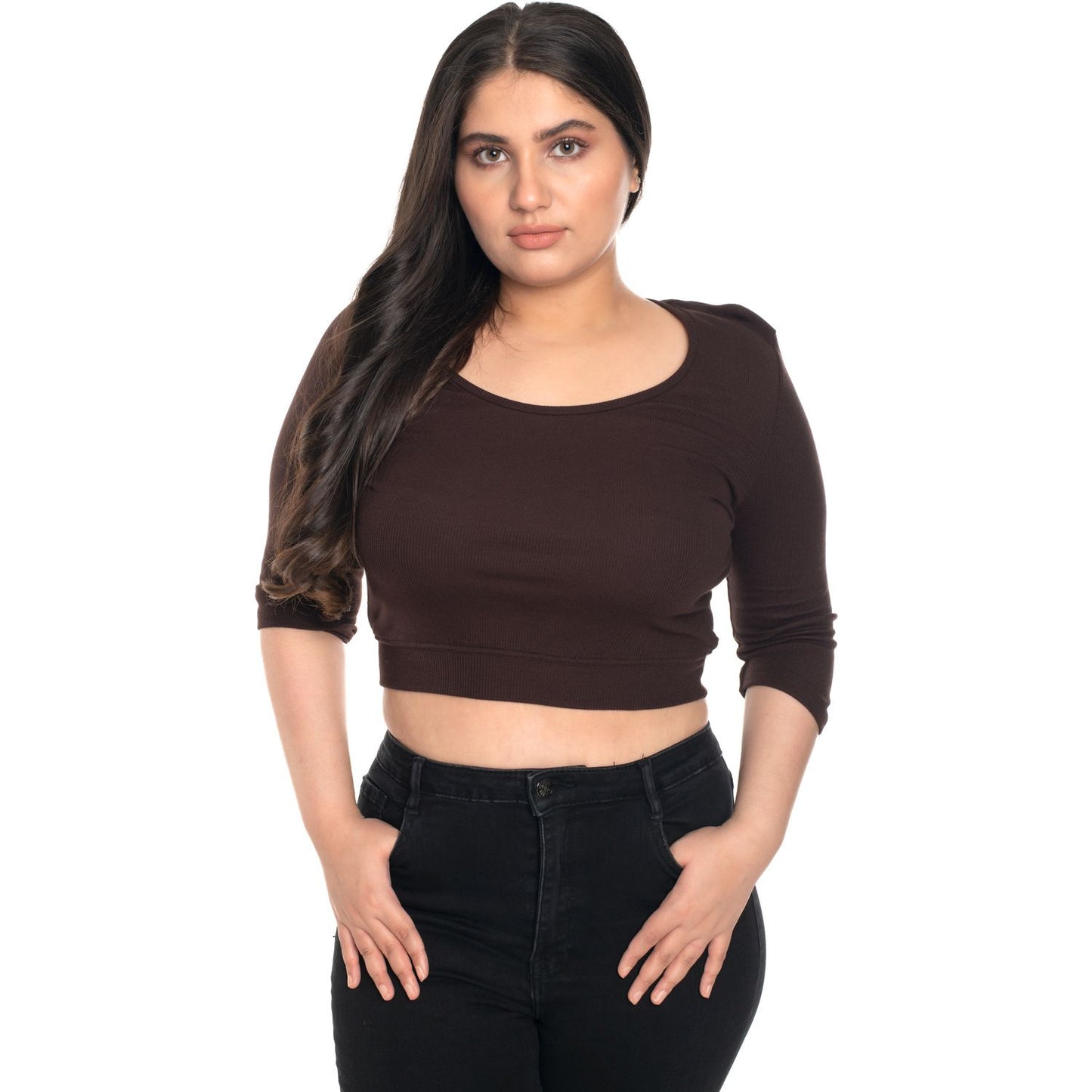 Hosiery Blouse- XXL Deep Round Neck (Elbow Sleeves) - Dark Brown - Blouse featured