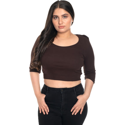 Hosiery Blouse- XXL Deep Round Neck (Elbow Sleeves) - Dark Brown - Blouse featured