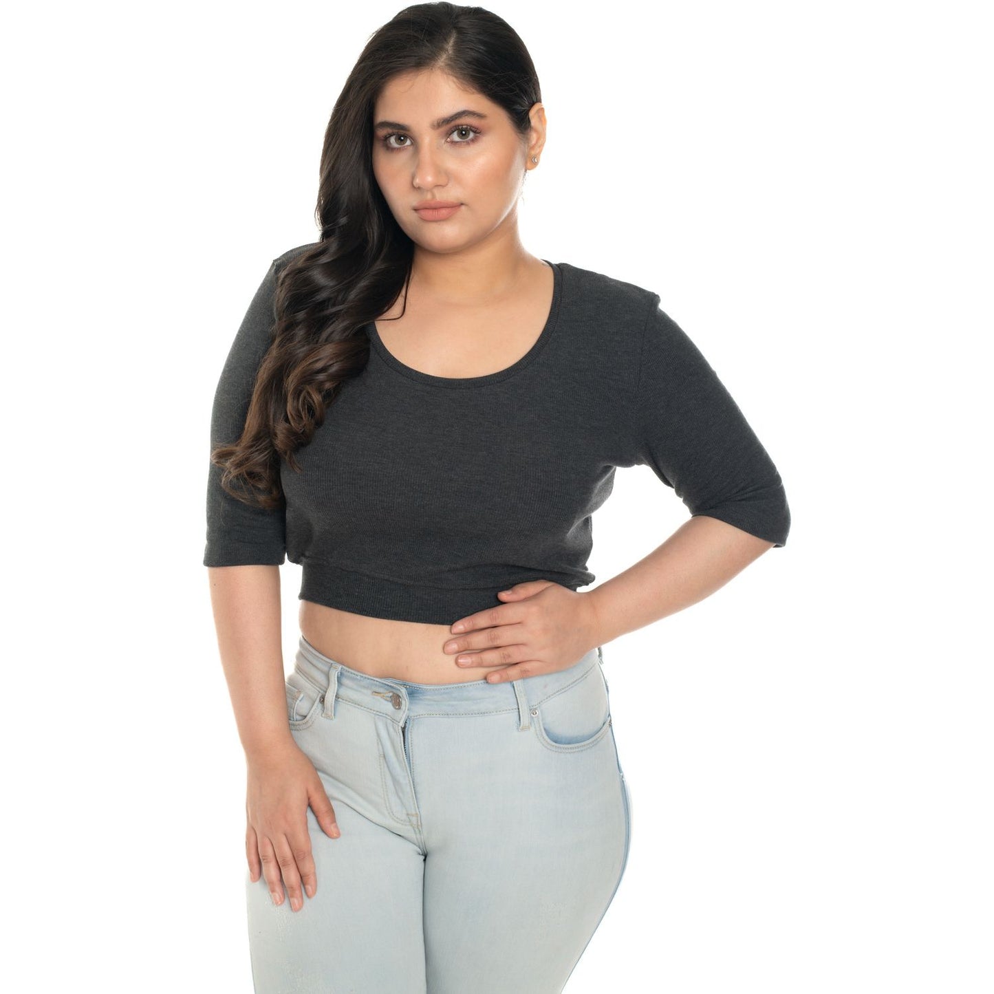 Hosiery Blouse- XXL Deep Round Neck (Elbow Sleeves) - Dark Grey - Blouse featured