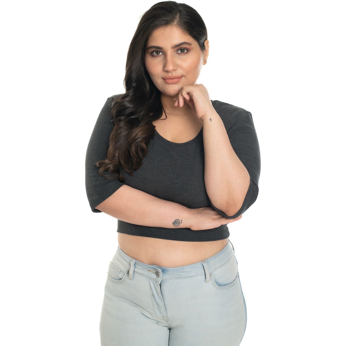 Hosiery Blouse- XXL Deep Round Neck (Elbow Sleeves) - Dark Grey - Blouse featured