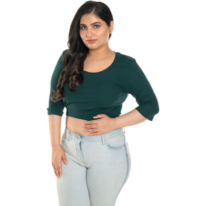 Hosiery Blouse- XXL Deep Round Neck (Elbow Sleeves) - Green - Blouse featured