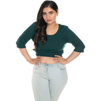 Hosiery Blouse- XXL Deep Round Neck (Elbow Sleeves) - Green - Blouse featured
