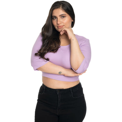 Hosiery Blouse- XXL Deep Round Neck (Elbow Sleeves) - Lavender - Blouse featured