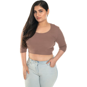 Hosiery Blouse- XXL Deep Round Neck (Elbow Sleeves) - Light Brown - Blouse featured