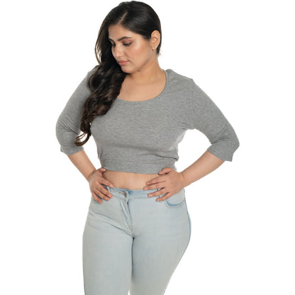 Hosiery Blouse- XXL Deep Round Neck (Elbow Sleeves) - Light Grey - Blouse featured