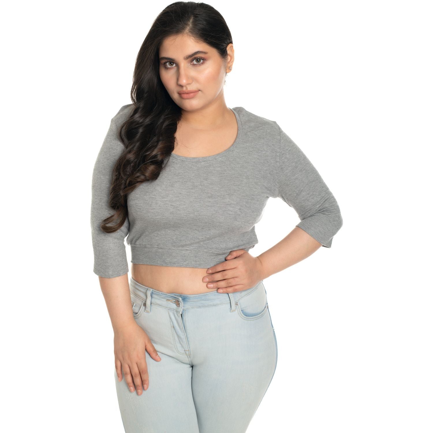 Hosiery Blouse- XXL Deep Round Neck (Elbow Sleeves) - Light Grey - Blouse featured
