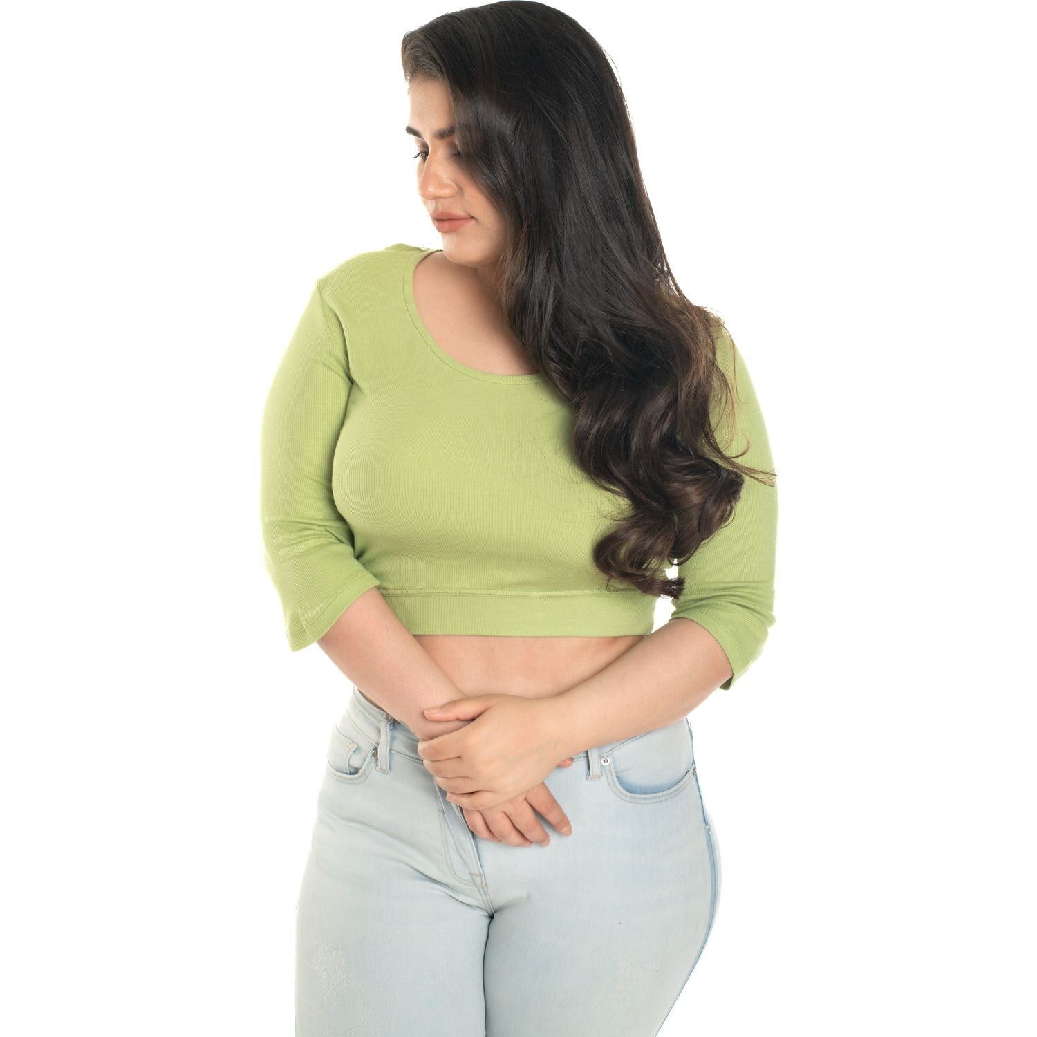 Hosiery Blouse- XXL Deep Round Neck (Elbow Sleeves) - Lime Green - Blouse featured