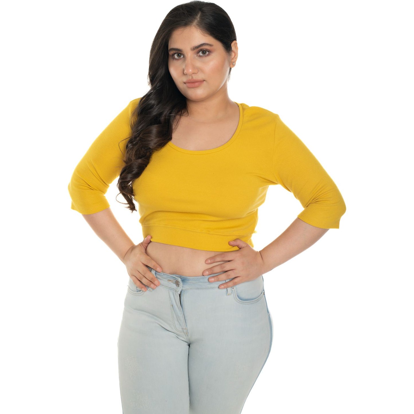 Hosiery Blouse- XXL Deep Round Neck (Elbow Sleeves) - Mango Yellow - Blouse featured