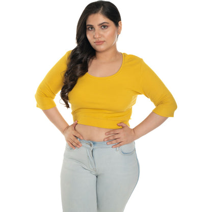 Hosiery Blouse- XXL Deep Round Neck (Elbow Sleeves) - Mango Yellow - Blouse featured