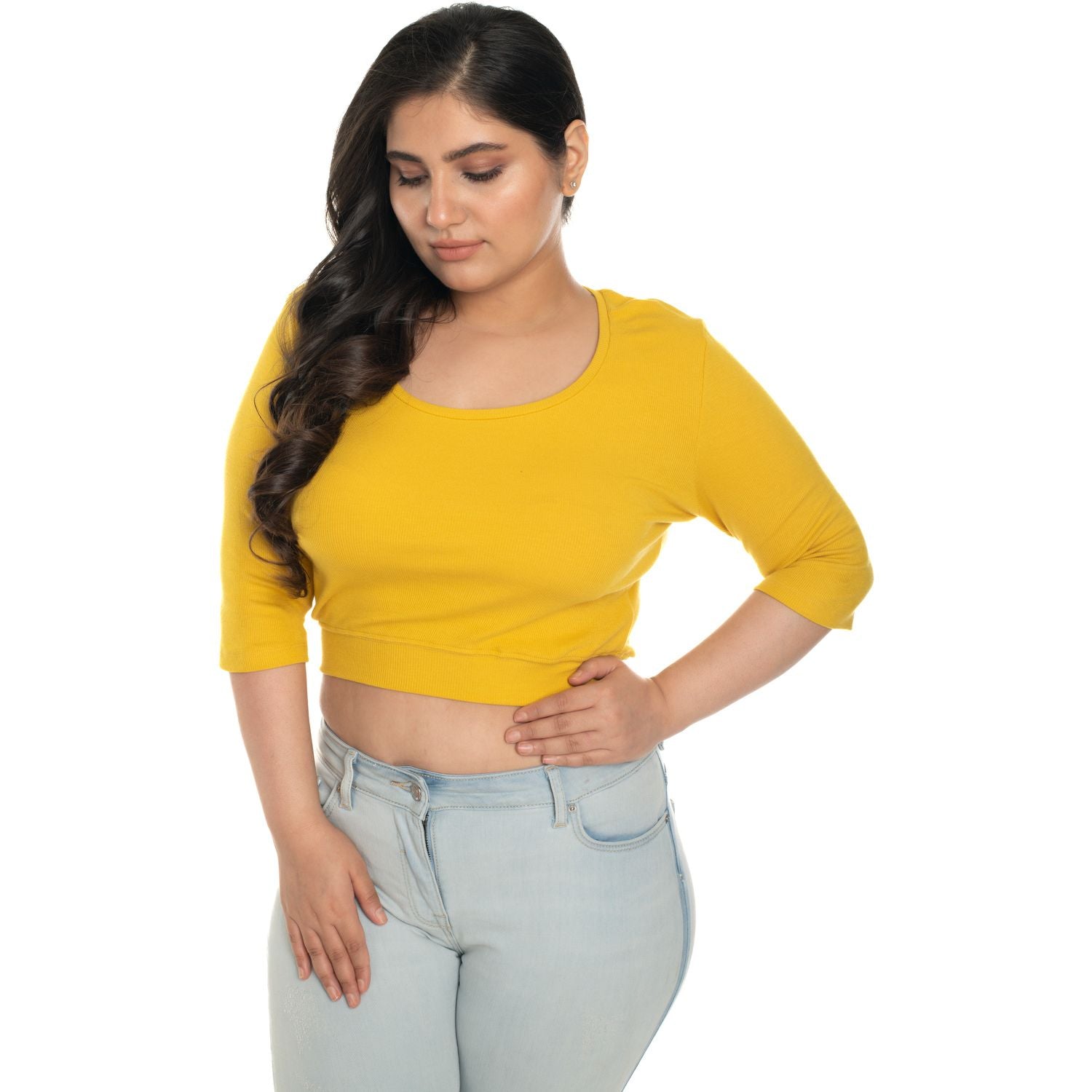 Hosiery Blouse- XXL Deep Round Neck (Elbow Sleeves) - Mango Yellow - Blouse featured