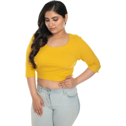 Hosiery Blouse- XXL Deep Round Neck (Elbow Sleeves) - Mango Yellow - Blouse featured