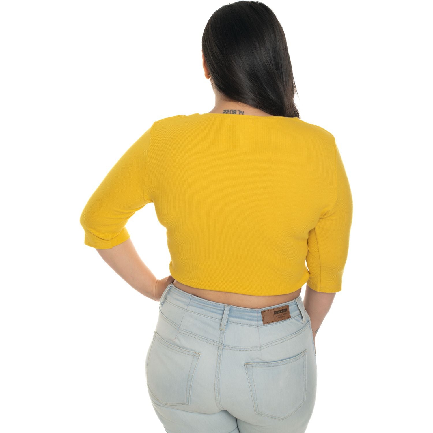 Hosiery Blouse- XXL Deep Round Neck (Elbow Sleeves) - Mango Yellow - Blouse featured