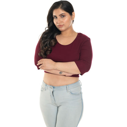 Hosiery Blouse- XXL Deep Round Neck (Elbow Sleeves) - Maroon - Blouse featured