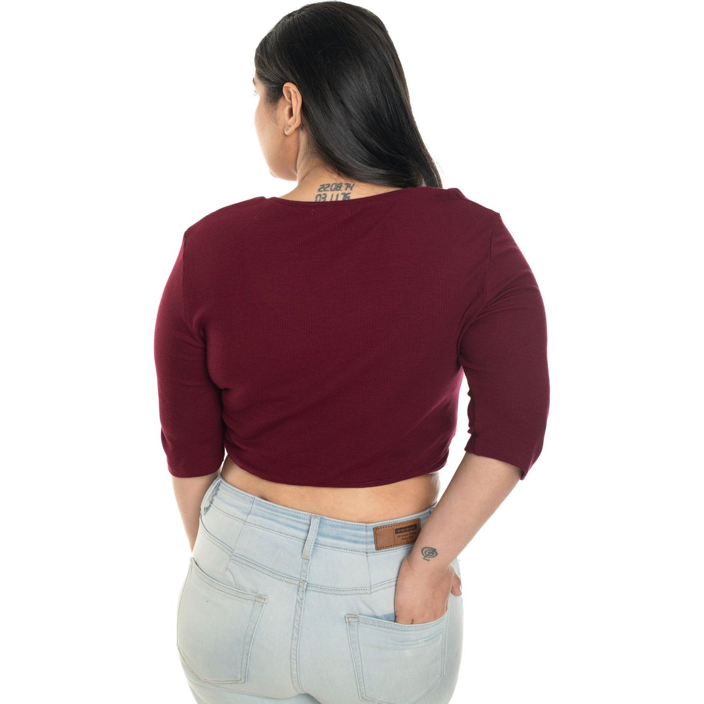 Hosiery Blouse- XXL Deep Round Neck (Elbow Sleeves) - Maroon - Blouse featured