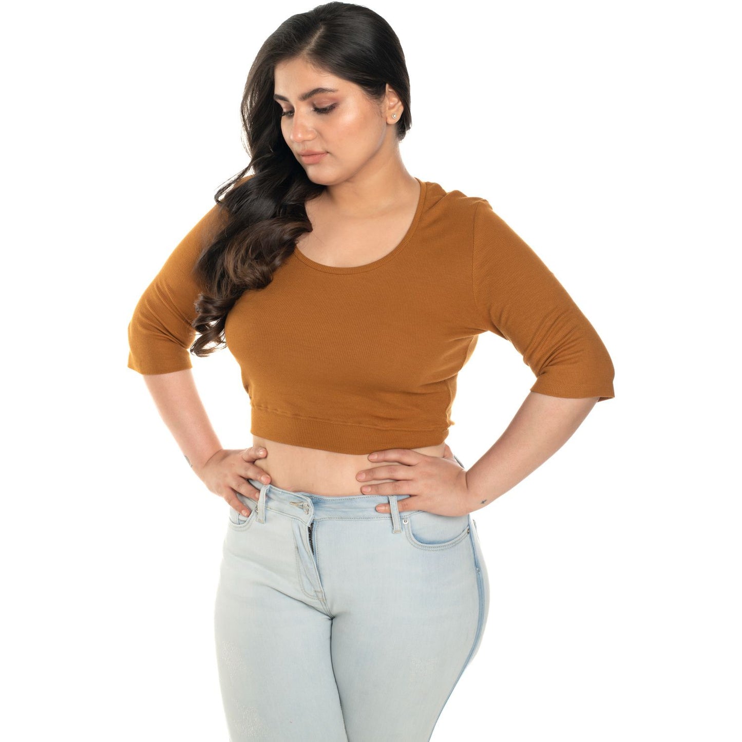 Hosiery Blouse- XXL Deep Round Neck (Elbow Sleeves) - Mustard - Blouse featured