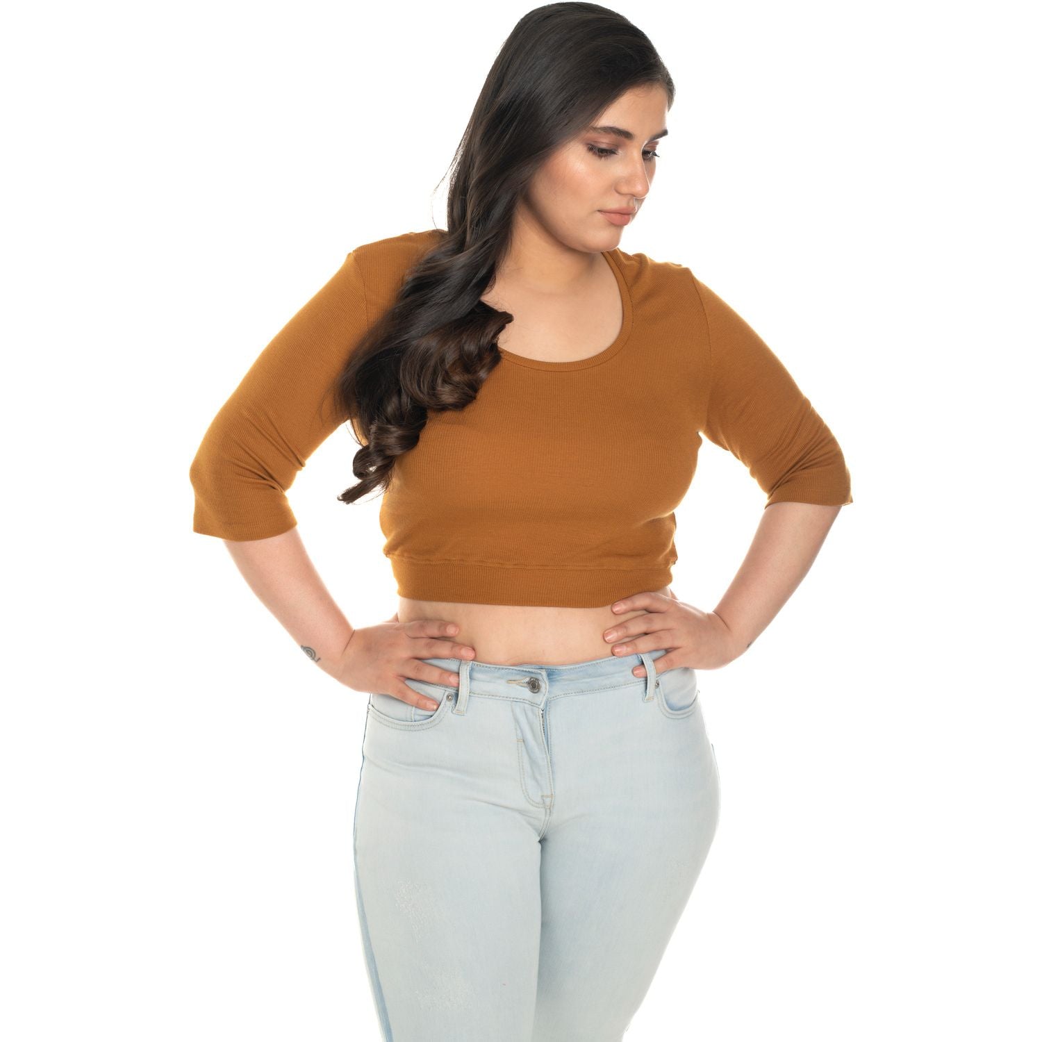Hosiery Blouse- XXL Deep Round Neck (Elbow Sleeves) - Mustard - Blouse featured