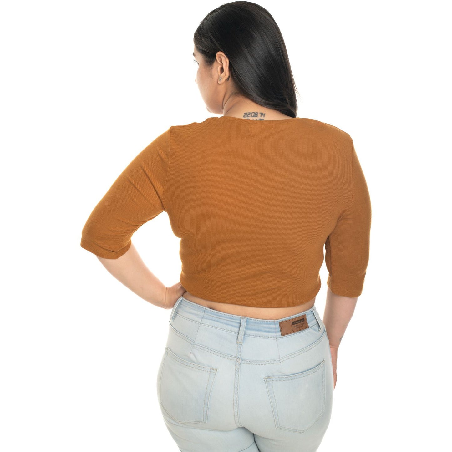 Hosiery Blouse- XXL Deep Round Neck (Elbow Sleeves) - Mustard - Blouse featured