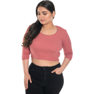 Hosiery Blouse- XXL Deep Round Neck (Elbow Sleeves) - Rose Pink - Blouse featured