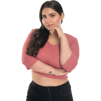 Hosiery Blouse- XXL Deep Round Neck (Elbow Sleeves) - Rose Pink - Blouse featured