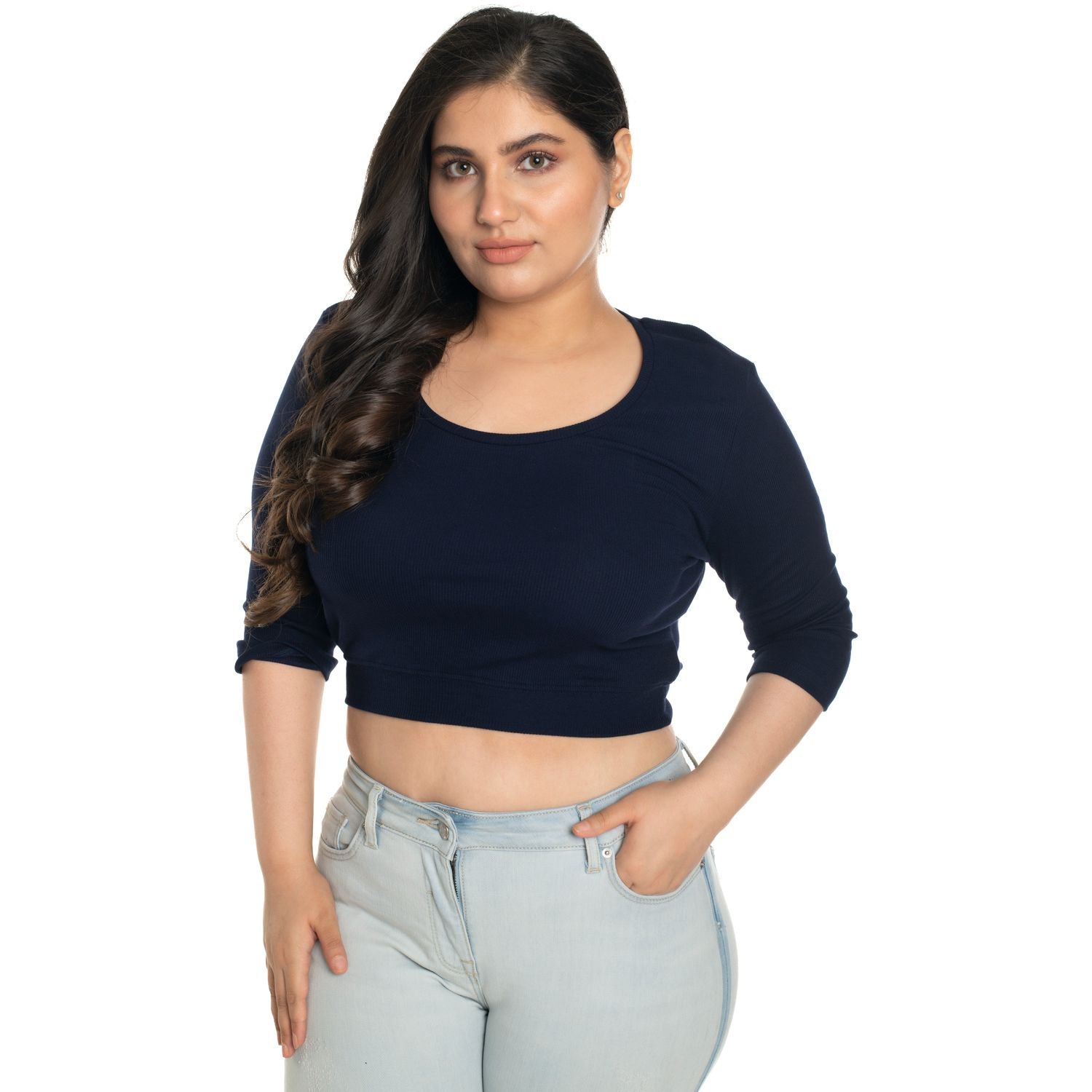 Hosiery Blouse- XXL Deep Round Neck (Elbow Sleeves) - Royal Blue - Blouse featured