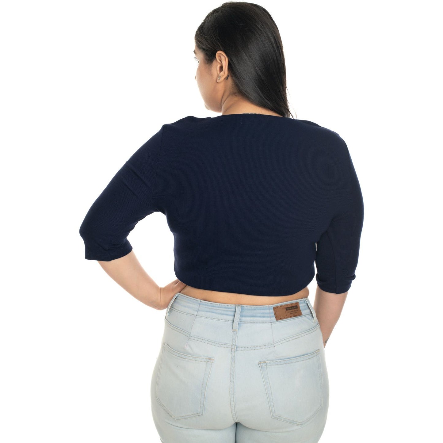 Hosiery Blouse- XXL Deep Round Neck (Elbow Sleeves) - Royal Blue - Blouse featured