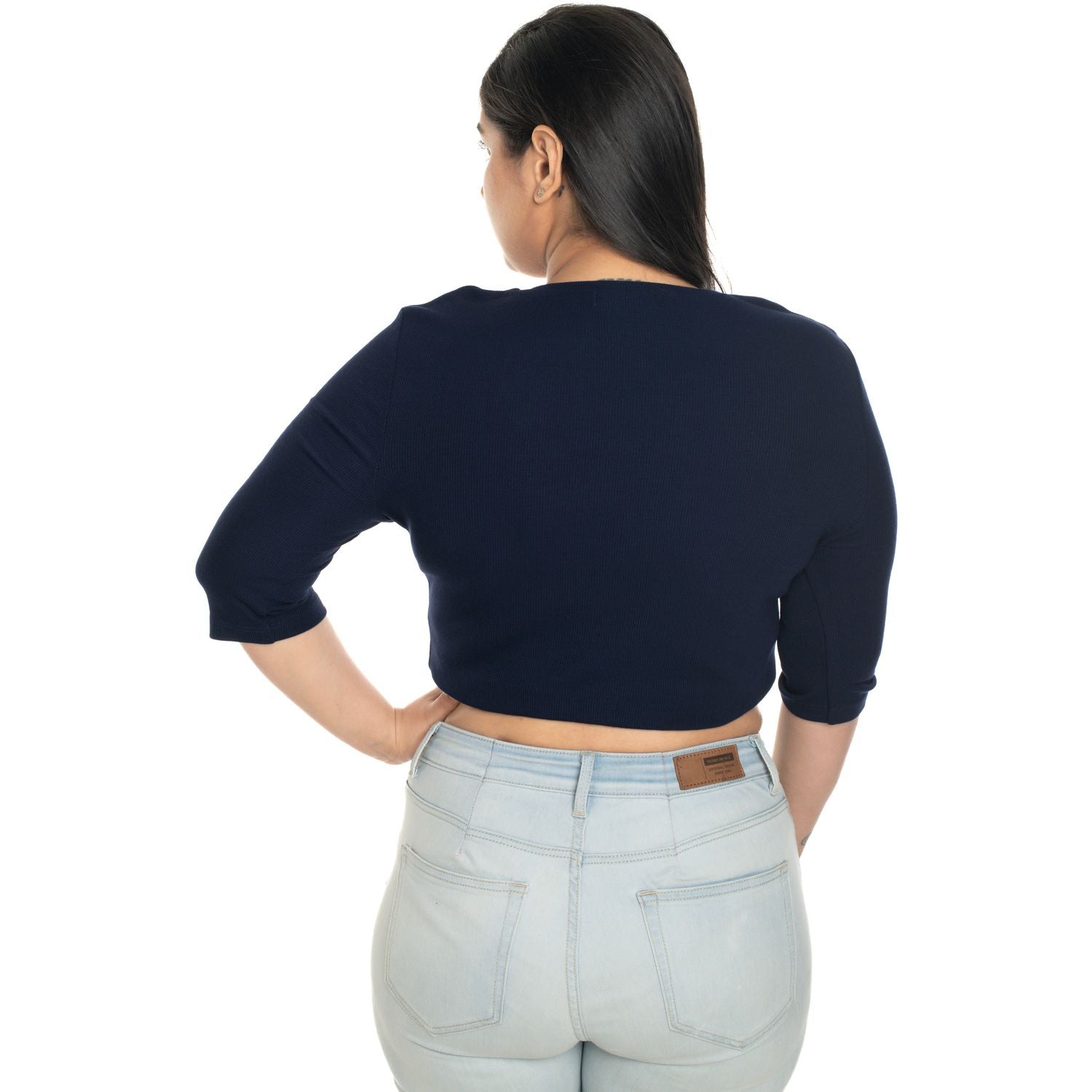 Hosiery Blouse- XXL Deep Round Neck (Elbow Sleeves) - Royal Blue - Blouse featured