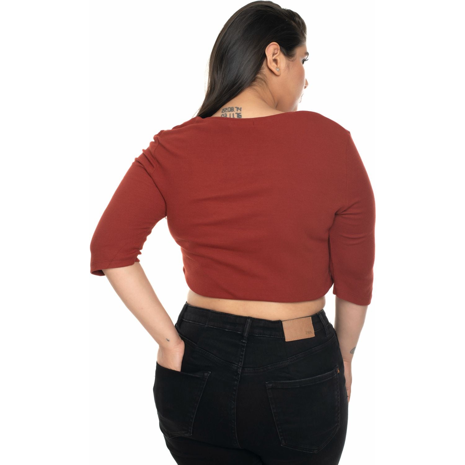 Hosiery Blouse- XXL Deep Round Neck (Elbow Sleeves) - Rust - Blouse featured