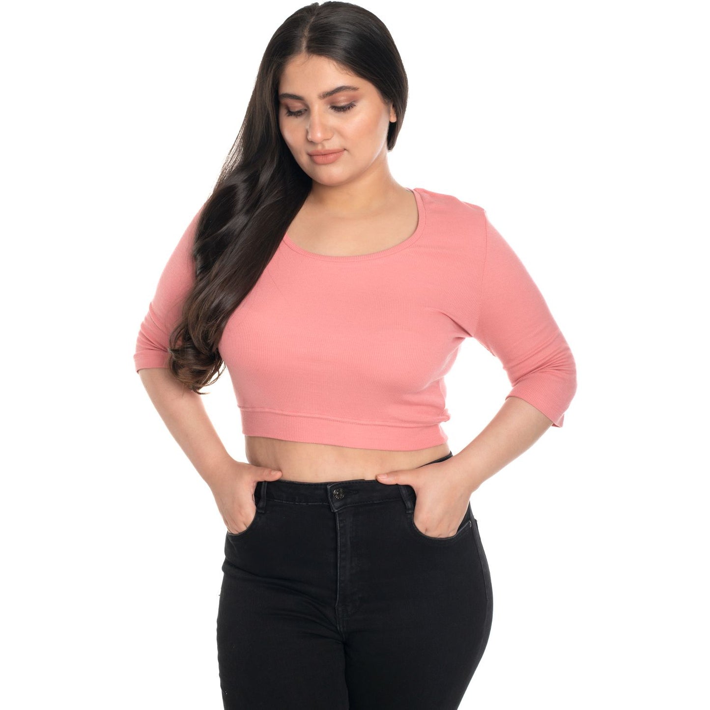 Hosiery Blouse- XXL Deep Round Neck (Elbow Sleeves) - Sakura Pink - Blouse featured