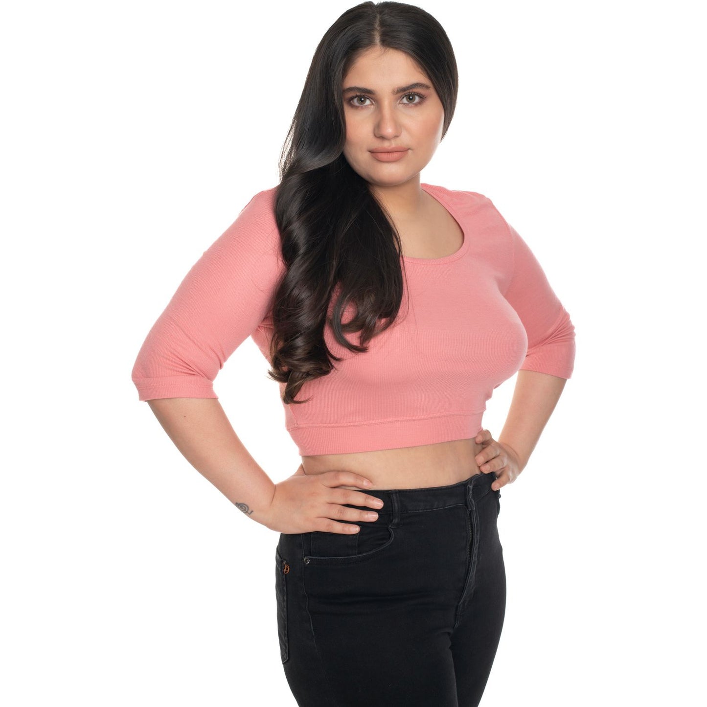 Hosiery Blouse- XXL Deep Round Neck (Elbow Sleeves) - Sakura Pink - Blouse featured