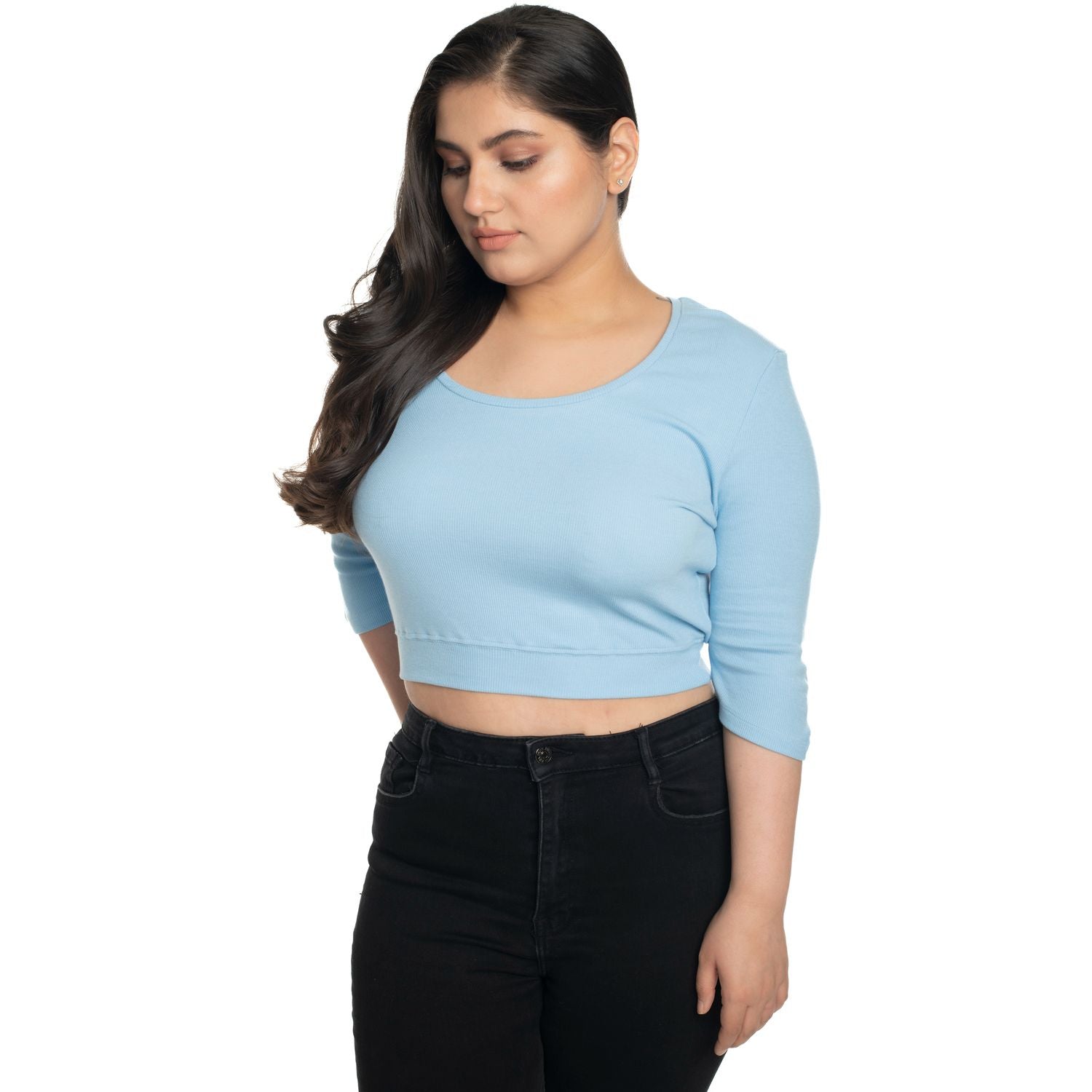 Hosiery Blouse- XXL Deep Round Neck (Elbow Sleeves) - Sky Blue - Blouse featured